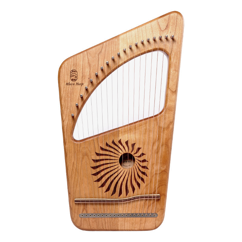 Wooden 19-String Hluru Lyre Harp with white strings and sunburst sound hole pattern