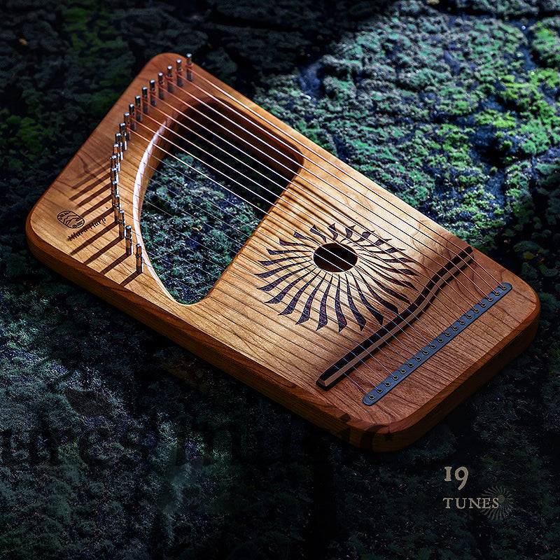 Wooden 19-String Hluru Lyre Harp with sunburst design and metal strings
