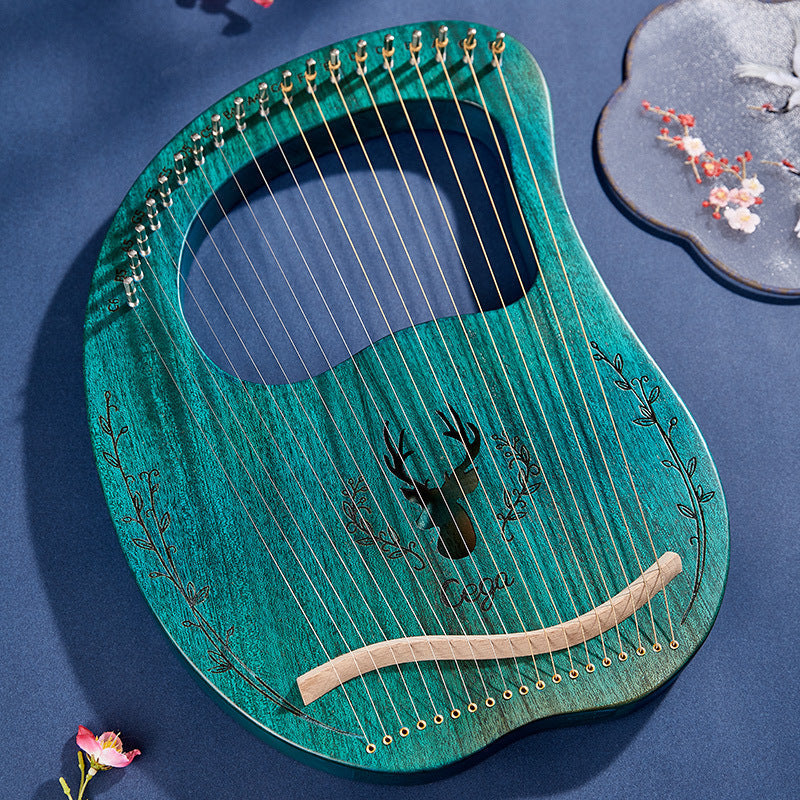 Turquoise Lyre Harp with Cactus Design and Metallic Strings in Mahogany Instrument