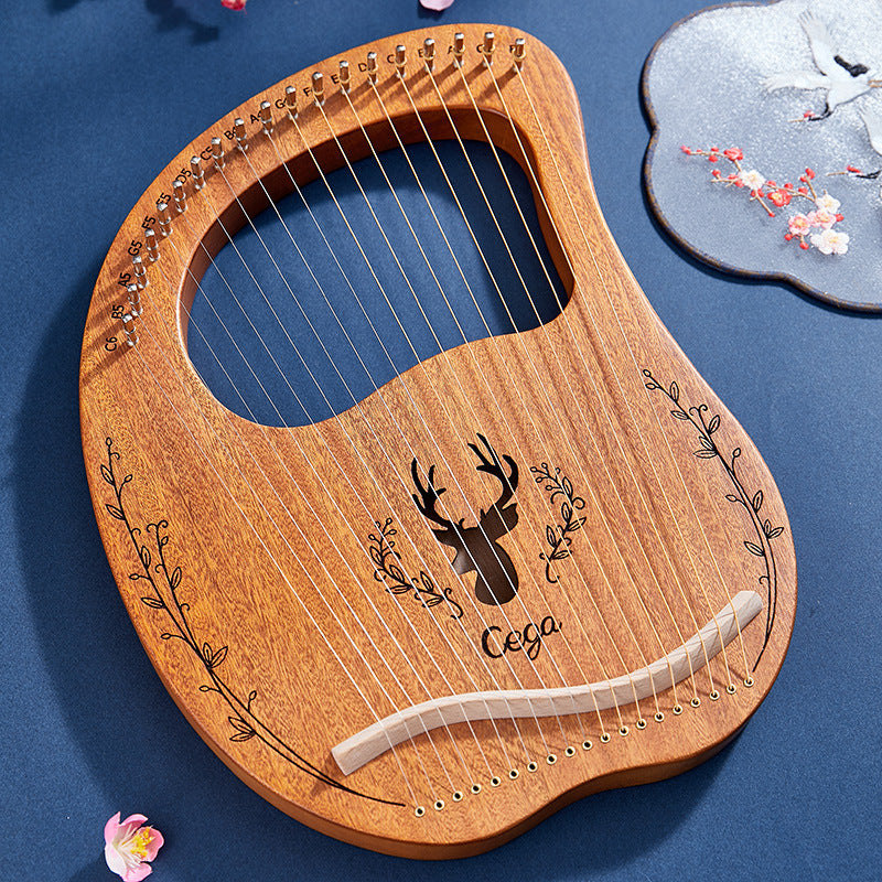Wooden lyre harp with deer head design on Mahogany Lyre Harp Instrument