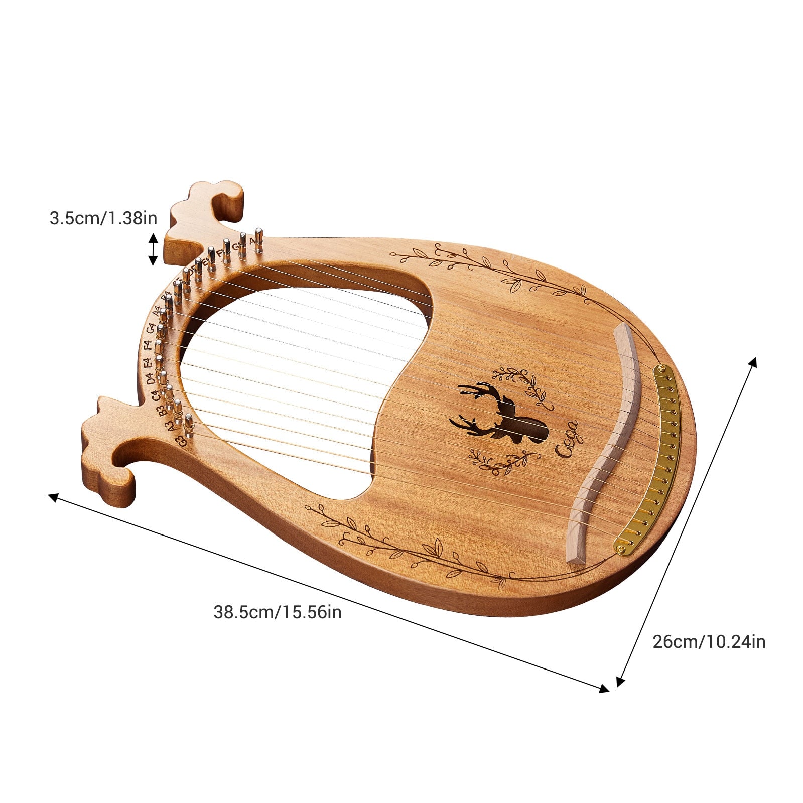 Wooden lyre harp with decorative engravings and metal strings, 16-String & 19-String Mahogany