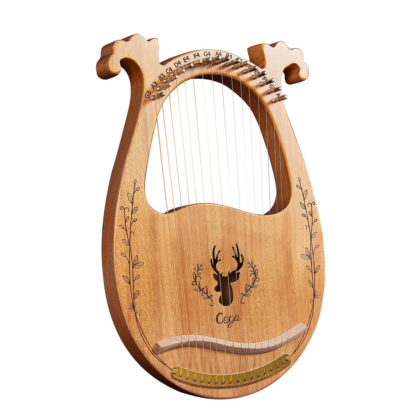 Wooden lyre harp with deer head and floral patterns in Mahogany design