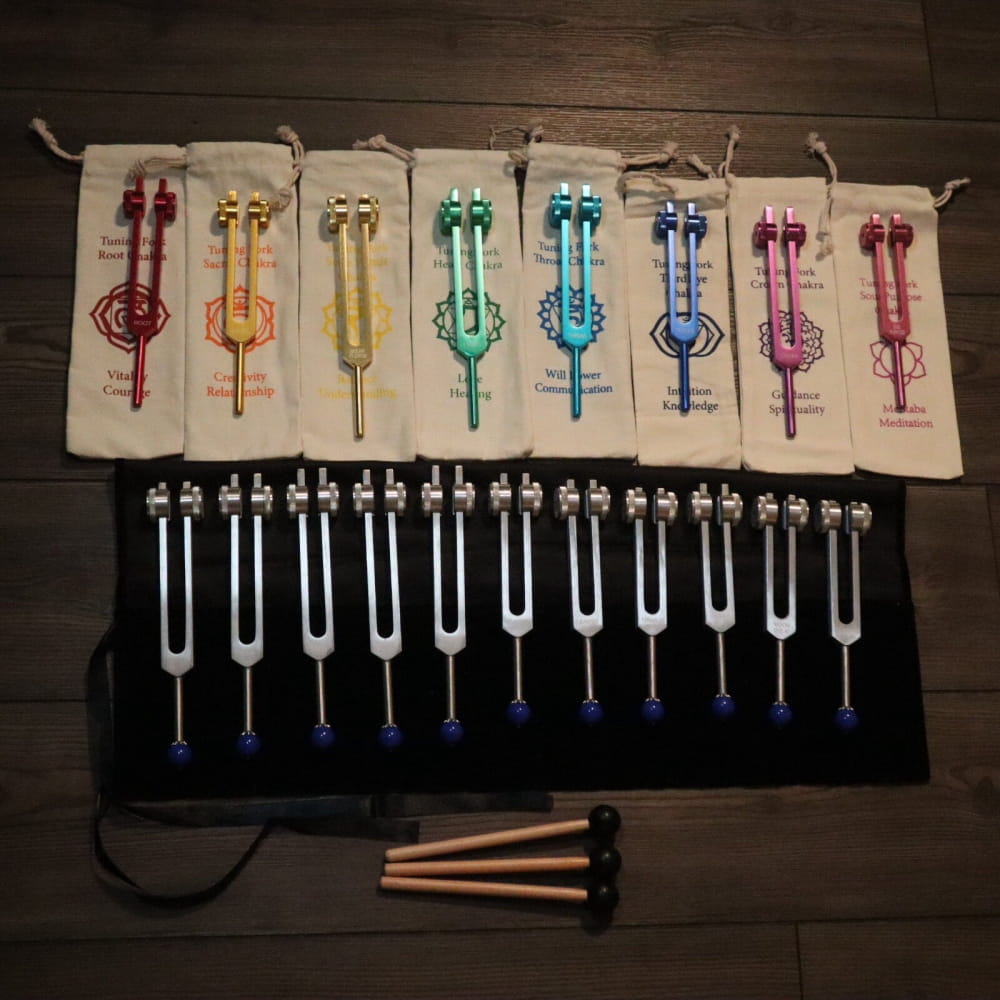 Colorful tuning forks with storage pouches in 19pc Chakra & Planetary Tuning Fork Set