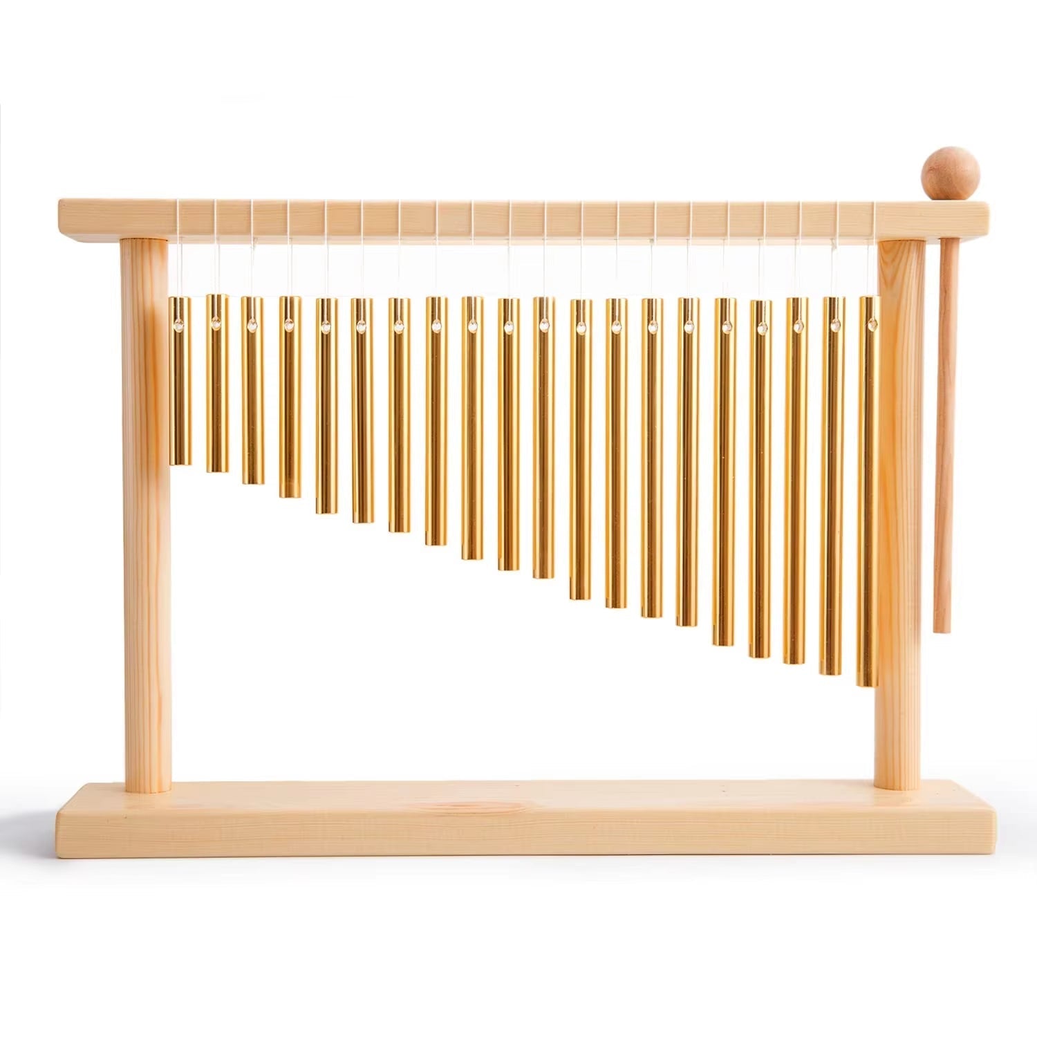 Wooden bar chime instrument with graduated metal rods on stand, 20-Bar Swing Chimes Gold