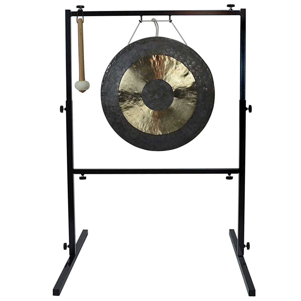 Traditional Chinese gong on black metal stand with mallet for meditation set