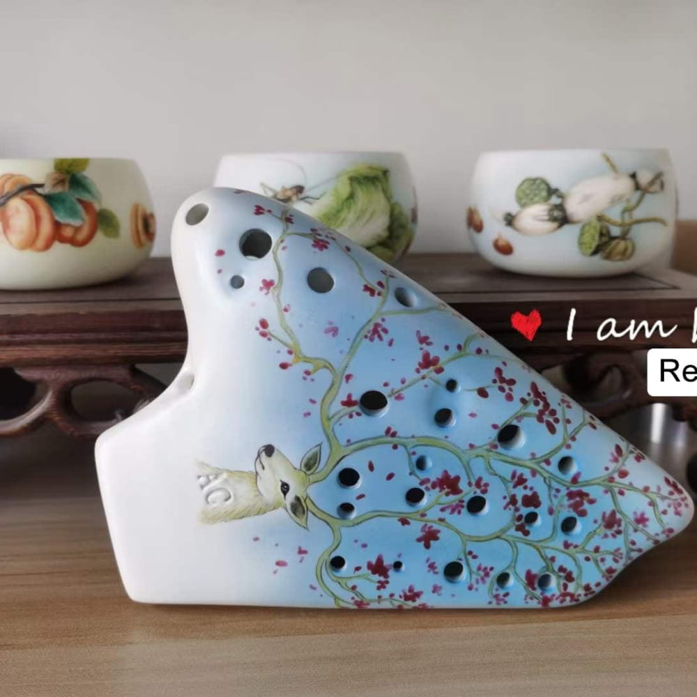 Light blue ceramic ocarina with floral and vine designs, 21 Hole Alto C Triple Ocarina