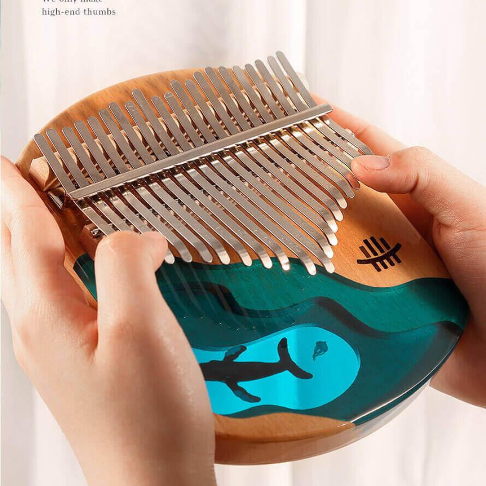 Kalimba thumb piano with aqua shark design, 21 Key Beech & Resin C Tone model