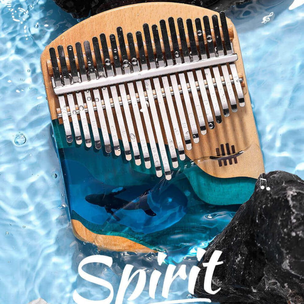 Wooden Kalimba thumb piano featuring ocean wave artwork, named 21 Key Beech & Resin C Tone