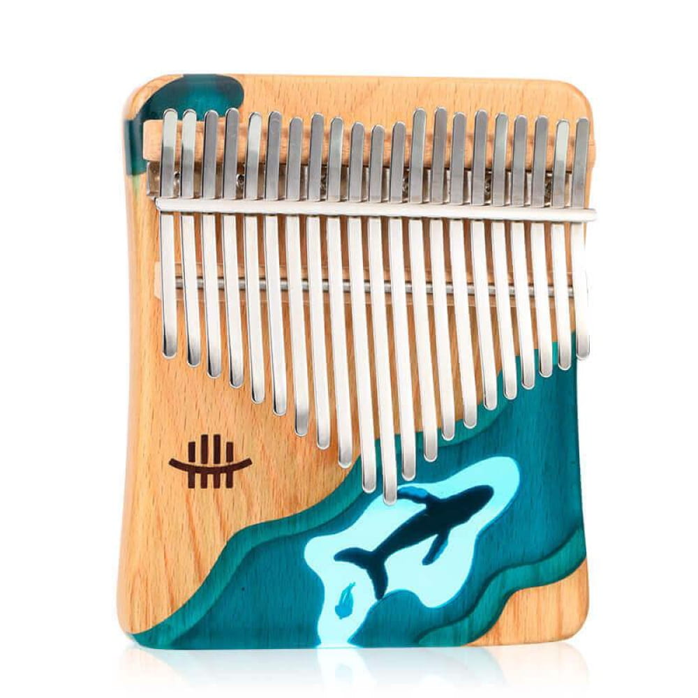 Wooden kalimba with teal resin river and metal tines in Deep Sea Blue design