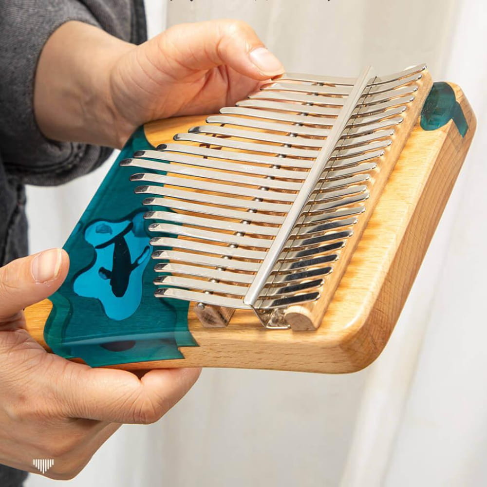 Wooden Kalimba thumb piano with metal tines and teal accents, 21 Key Beech & Resin C Tone