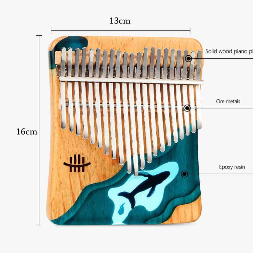 Wooden 21 Key Kalimba Thumb Piano with Teal Epoxy and Metal Tines in Deep Sea Blue