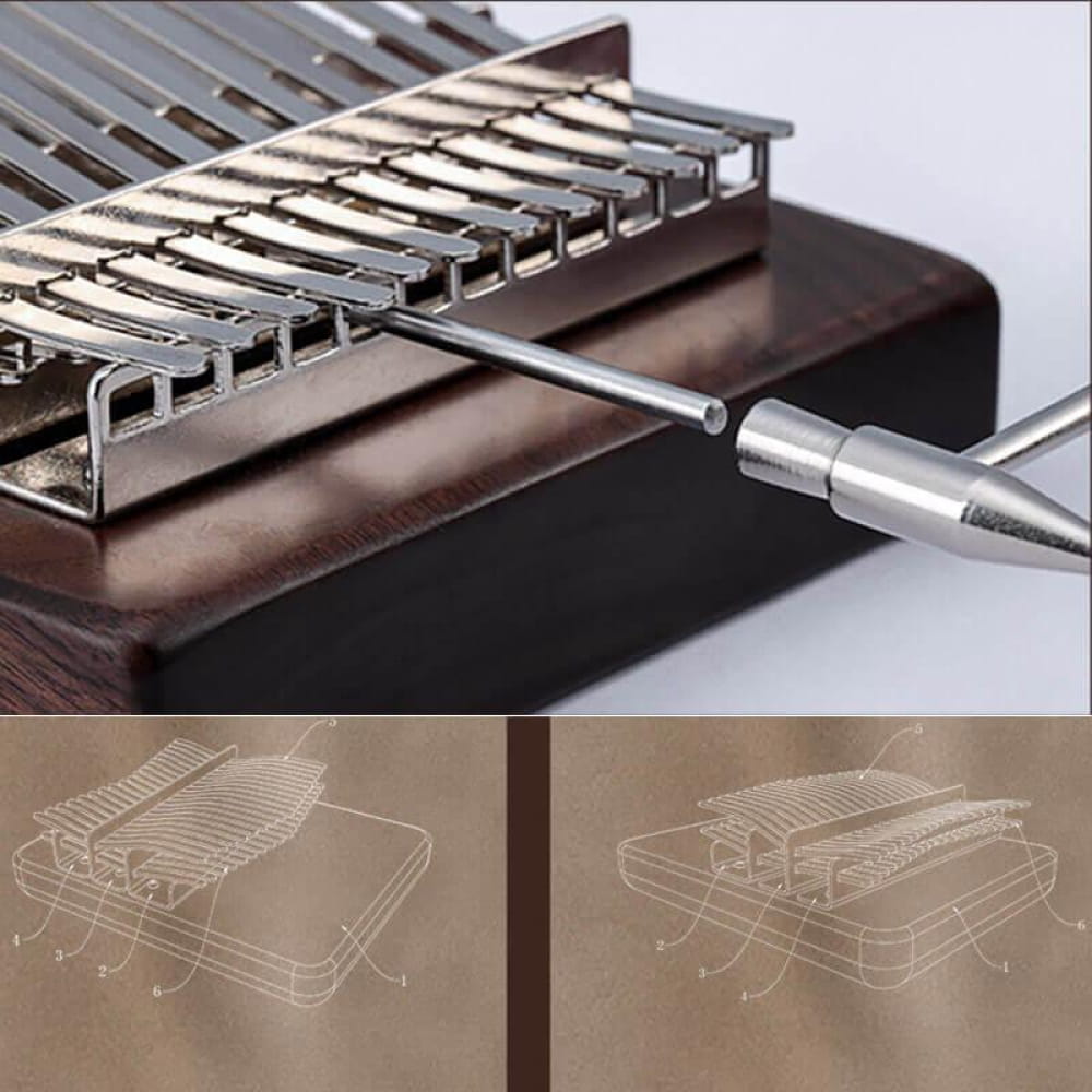 Guitar bridge with adjustable saddles and screwdriver for tuning the 21 Key Walnut Thumb Piano
