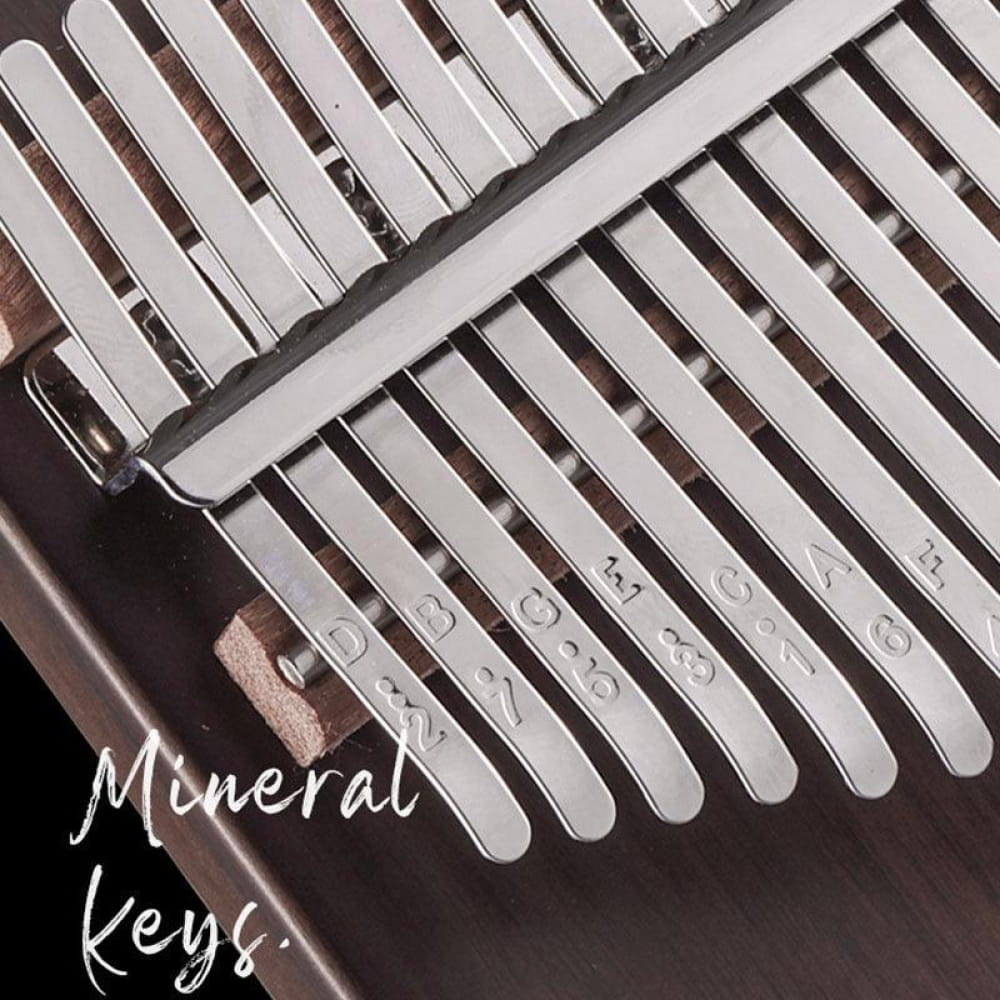 Metal tines of a 21 Key Walnut Thumb Piano arranged for meditation music