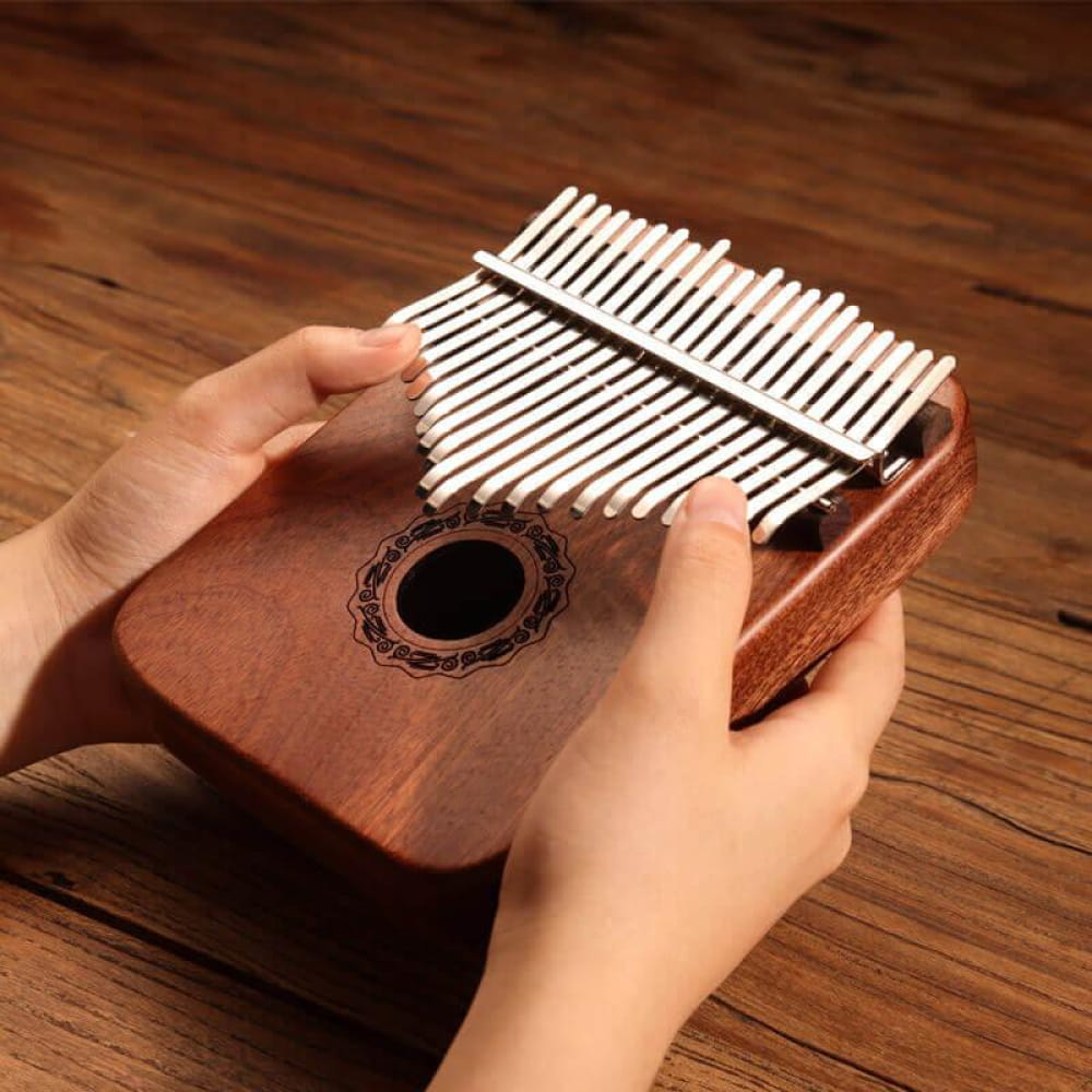 Wooden Kalimba thumb piano with white metal tines, 21 Key Yellow Sandalwood C Tone