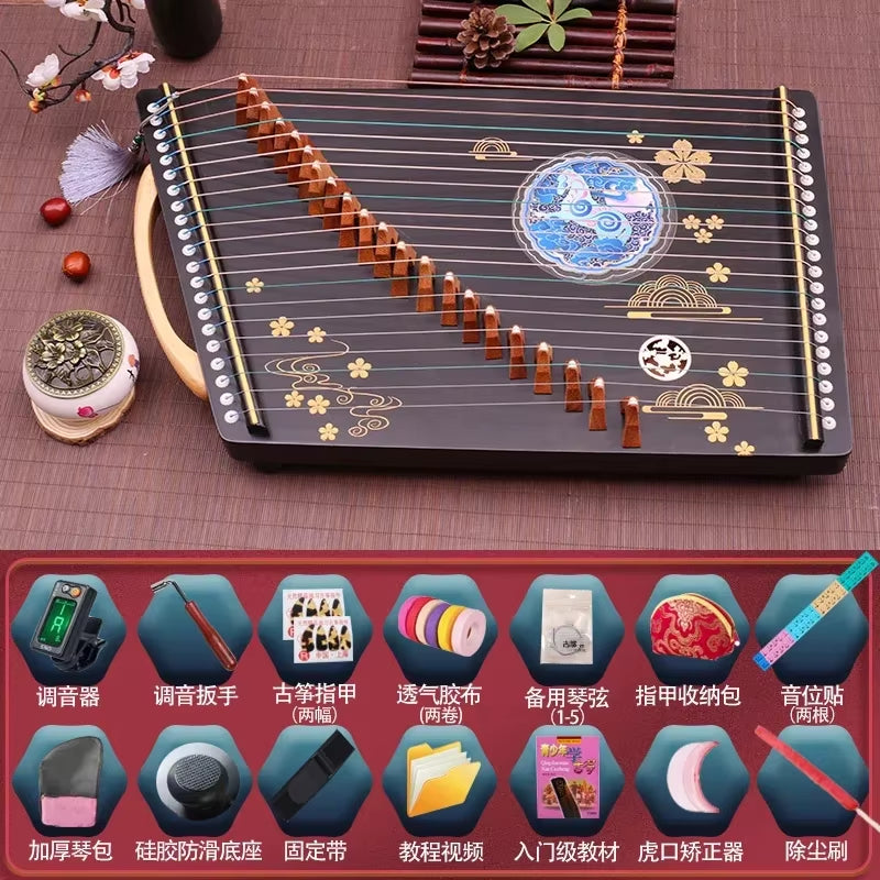Decorative 21-String Guzheng Chinese Zither with moon and star designs on dark wood