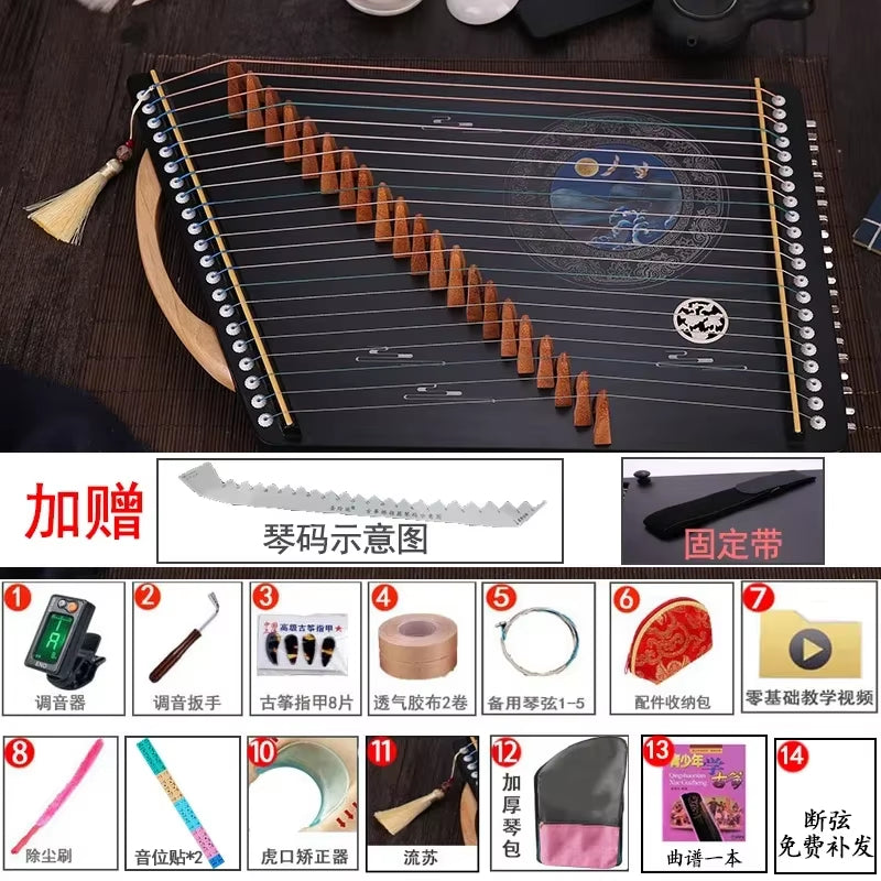 Traditional Chinese Guzheng with strings over a wooden body for music enthusiasts