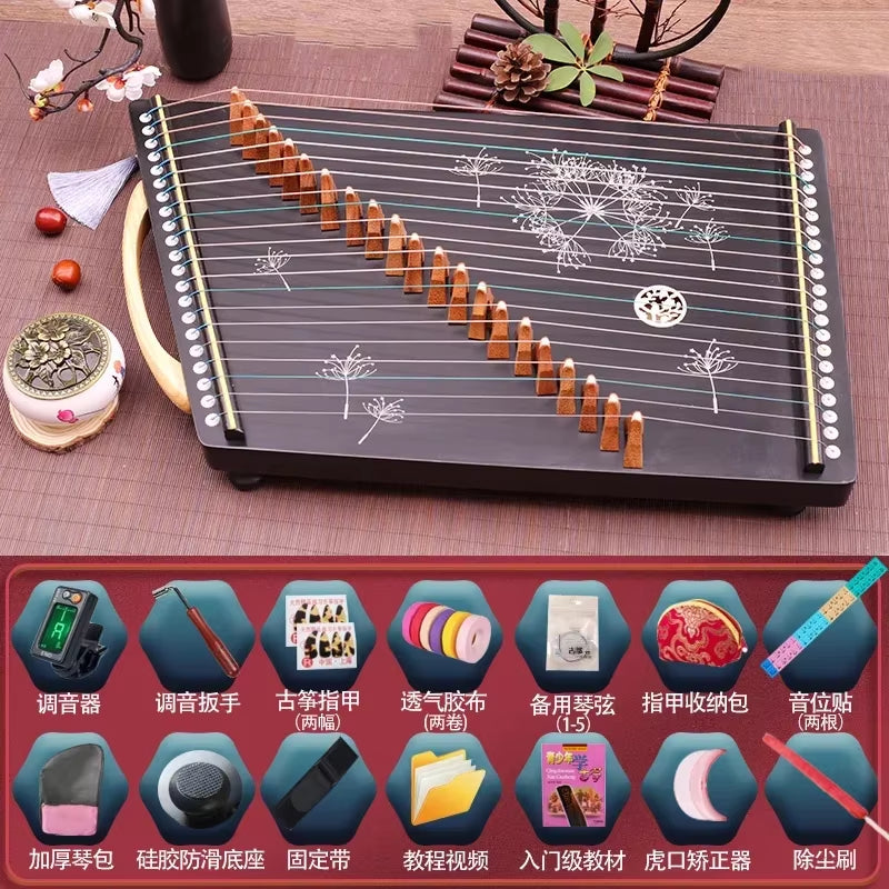 Black Guzheng with decorative snowflake patterns on 21-String 60 cm Chinese Zither