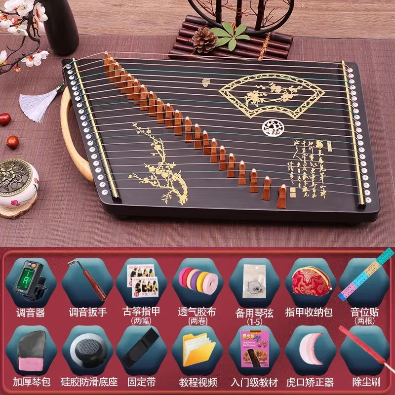 Traditional Chinese Guzheng with gold patterns on dark wood, 21-String Zither