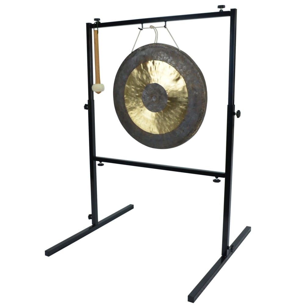 Traditional Chinese gong on black metal stand with mallet for percussion use