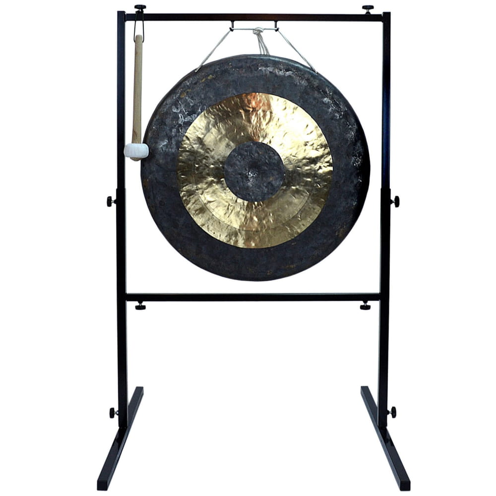 Traditional Chinese gong on a black metal stand in 24 inch gong set with mallet