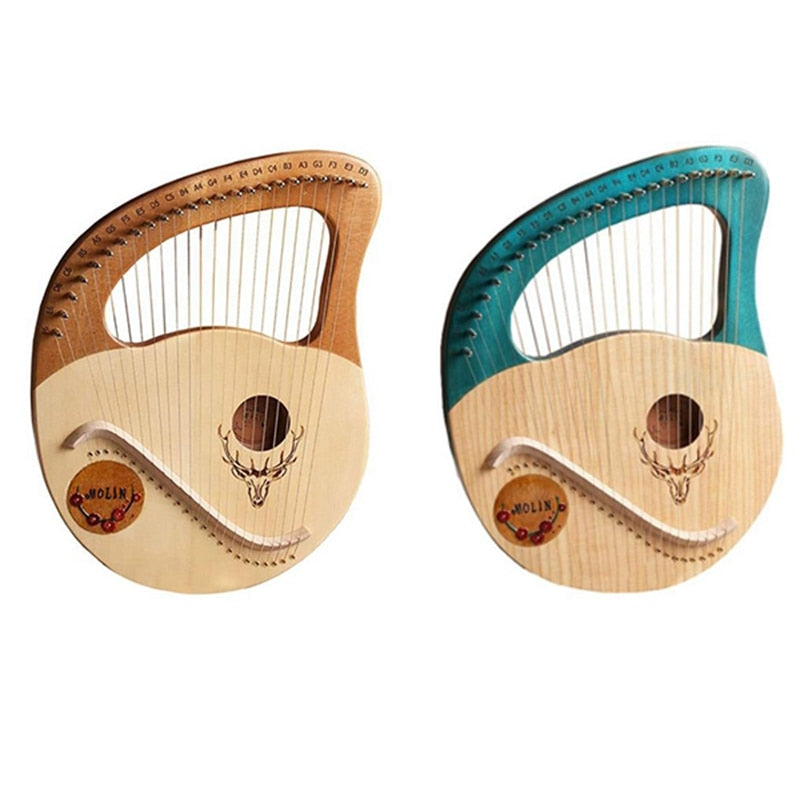 Two lyre harps in natural wood and turquoise with curved designs and steel strings