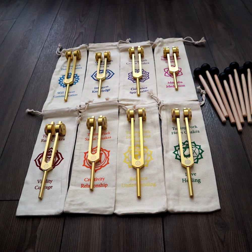 Collection of tuning forks with chakra symbols in pouches for energy healing