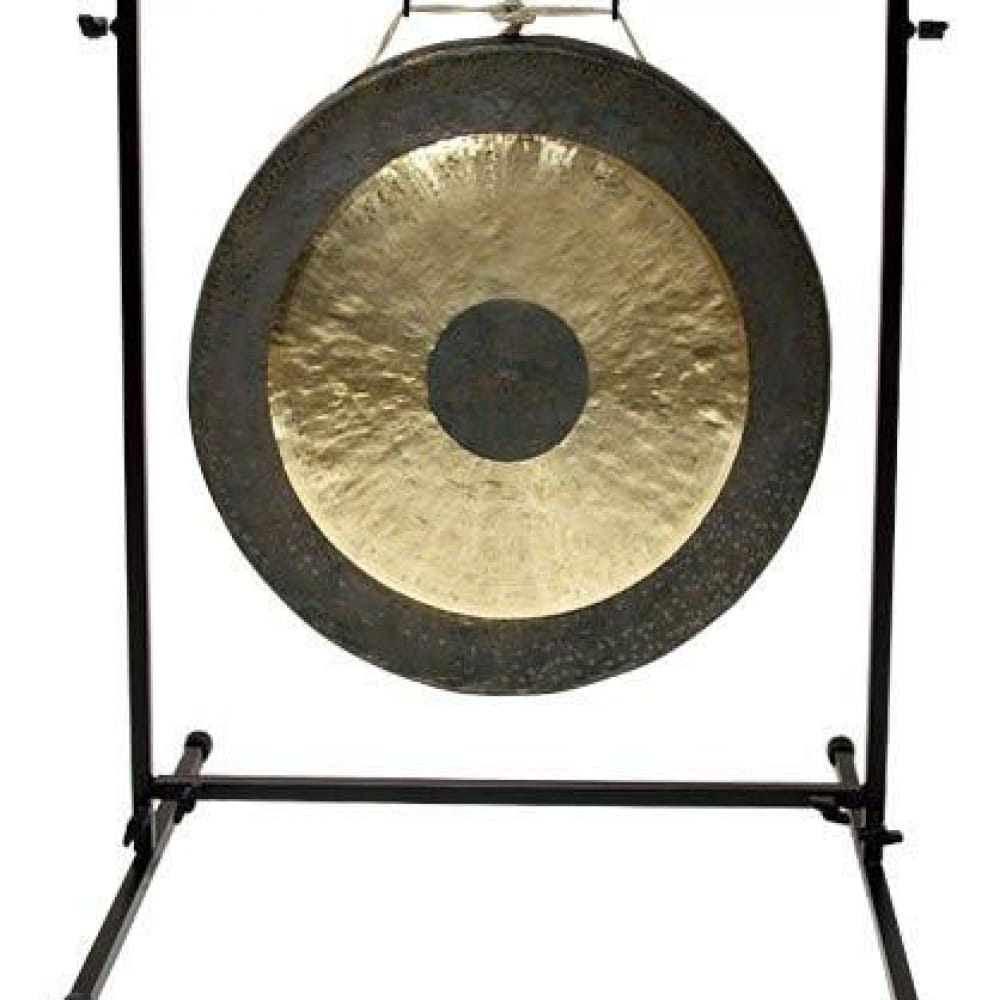 Traditional Chinese gong on a black metal stand in a 26-inch gong set