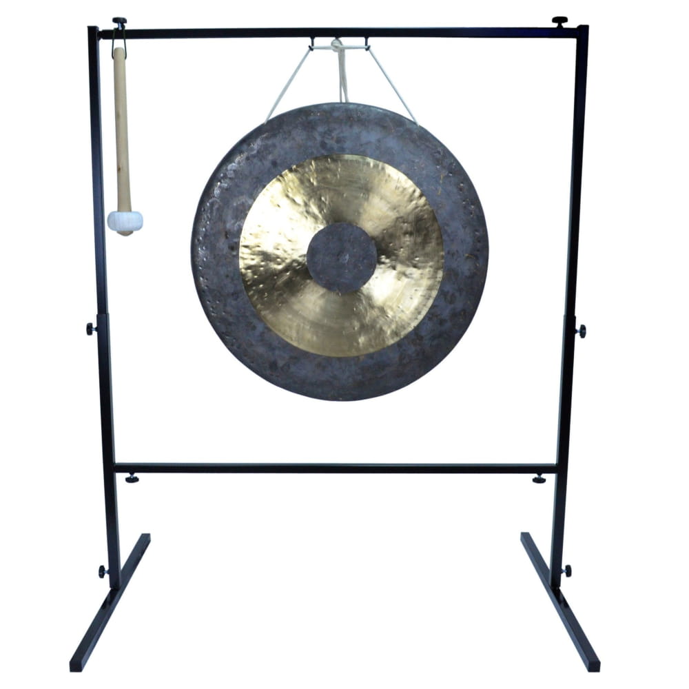 Traditional Chinese gong on a black metal stand in 28 inch Gong Set with mallet