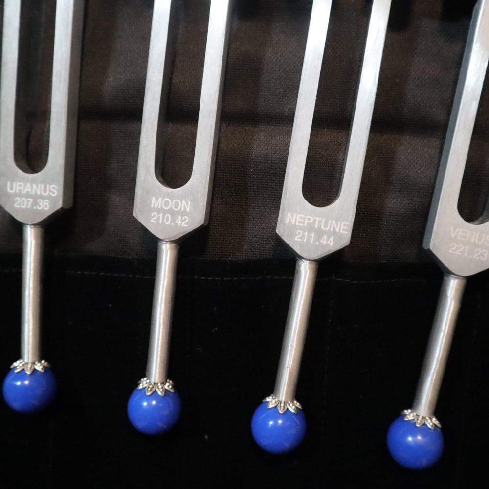Metal tuning forks with blue spherical tips in 28pc Solfeggio & Planetary Tuning Fork Set