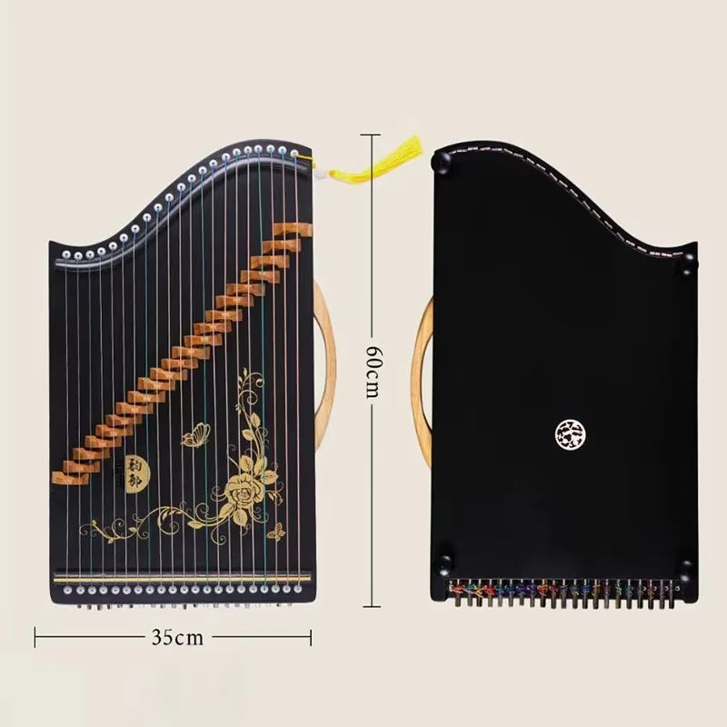 Black Guzheng with golden floral patterns on a 32 inch Mini Guzheng Zither