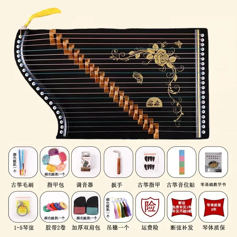 Black Guzheng with gold floral decorations and diagonal strings on 32 inch Mini Guzheng