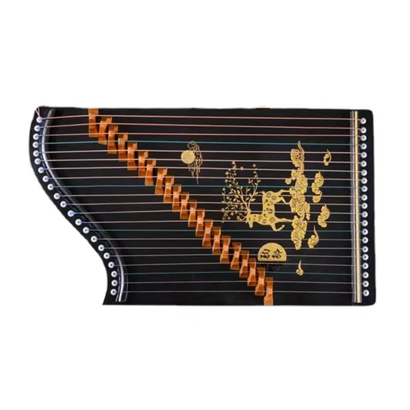 32 inch Mini Guzheng with black lacquered wood and gold decorative patterns