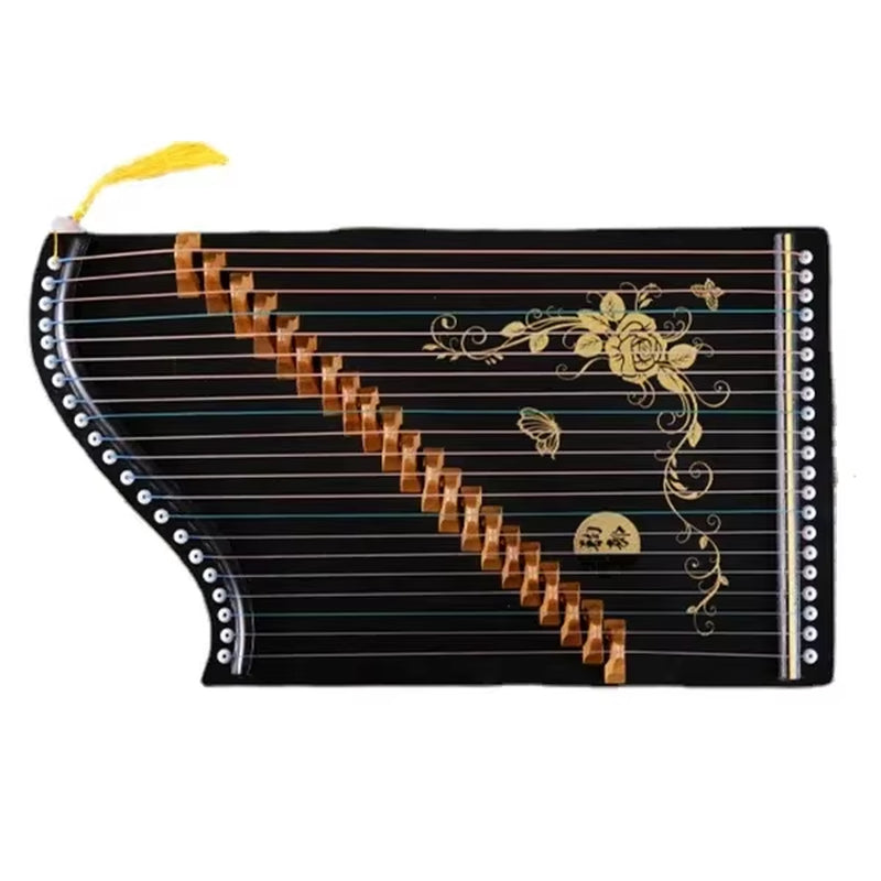 Black Guzheng with gold floral pattern and 21 strings in a 32 inch Mini Guzheng
