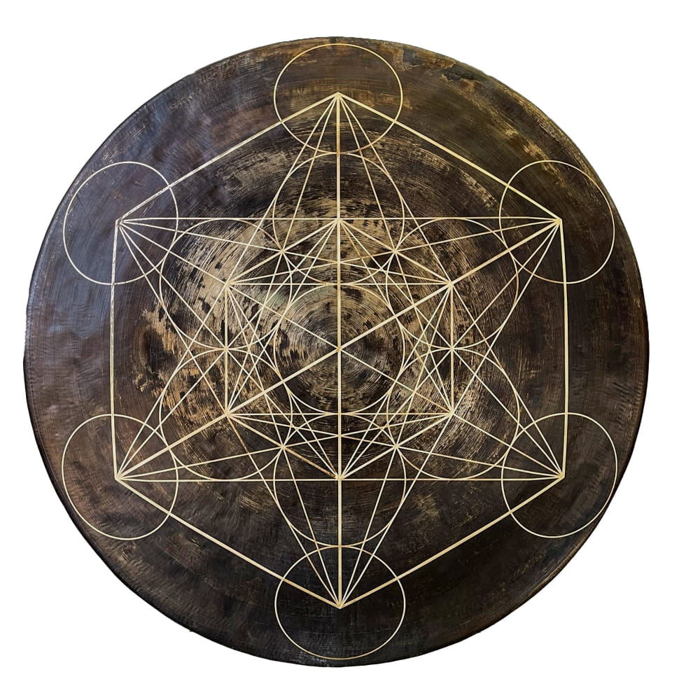 Sacred geometry Metatron’s Cube pattern overlaid on dark moon surface backdrop