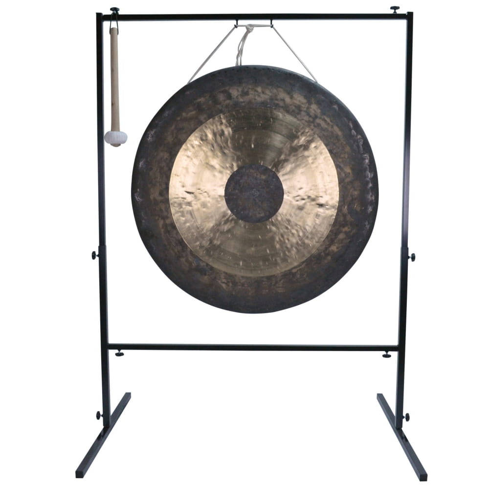 Traditional Chinese gong on a black metal stand in 36 Inch Chinese Gong Set for Sound Therapy