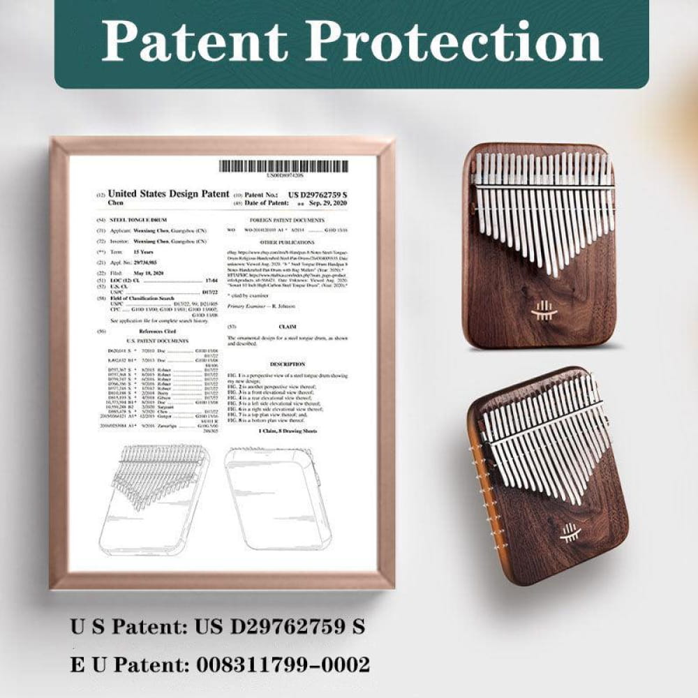 Kalimba with patent documents showcasing design of 38-Key Double Layer Walnut Kalimba