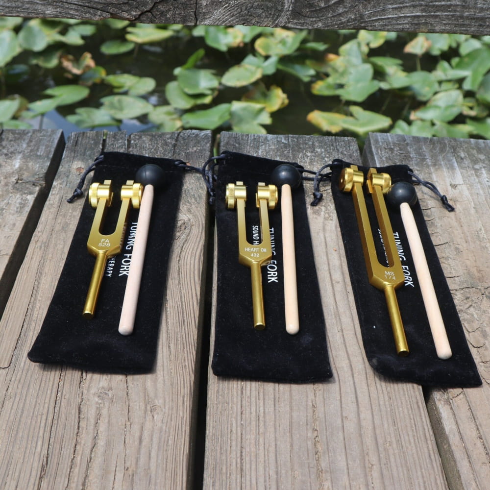 Gold Tuning Forks in Black Velvet Pouches for 3pc Solfeggio Set Healing Frequencies
