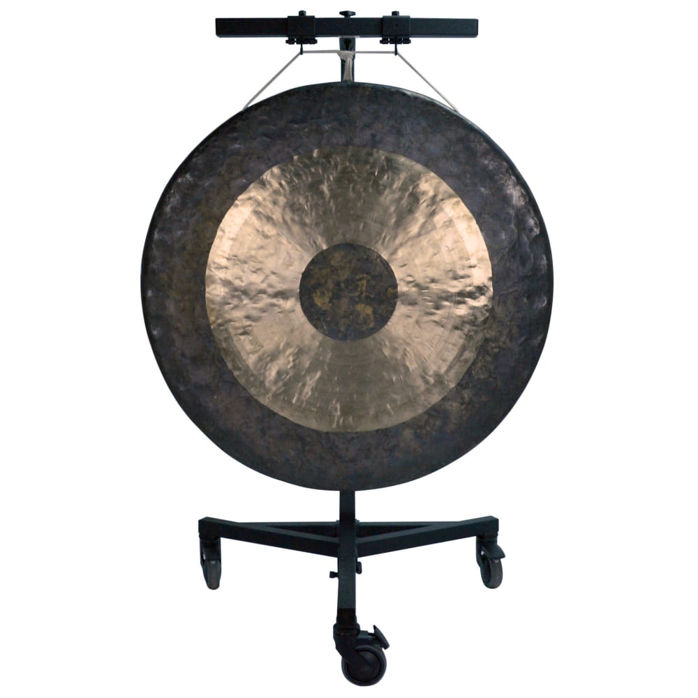 Traditional Chinese gong on a rolling metal stand in 40 Inch Gong Set with mallet