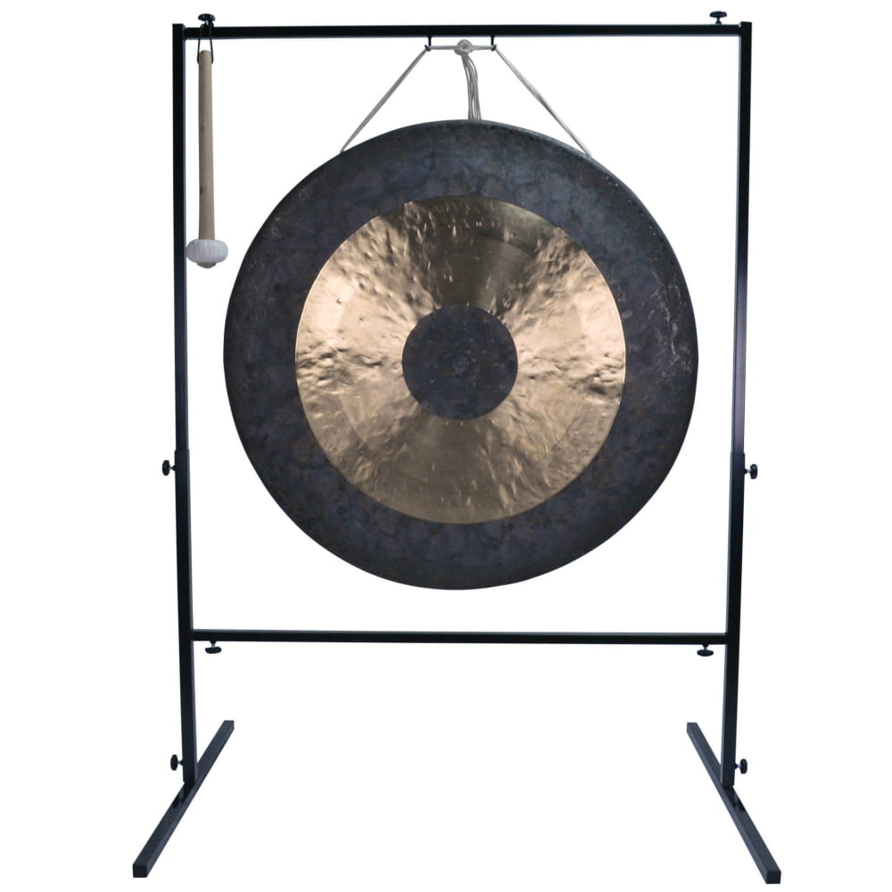 Traditional Chinese gong on black metal stand, part of 40-inch gong set with mallet