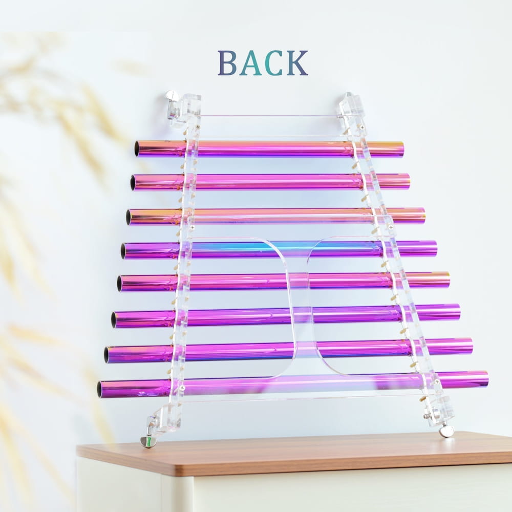 Neon pink and purple illuminated BACK sign on acrylic supports with Crystal Singing Harp