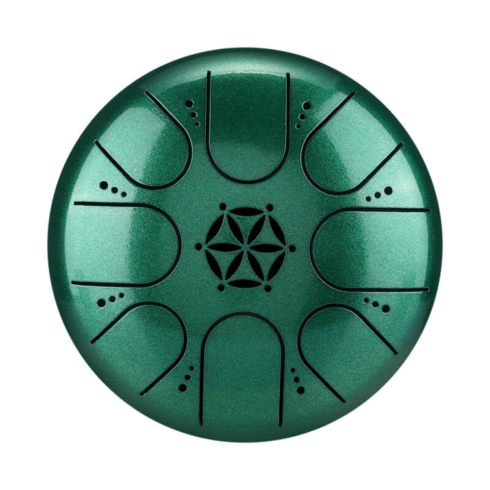 Green metallic 5 inch 8-note C Key Mini Steel Tongue Drum with geometric design