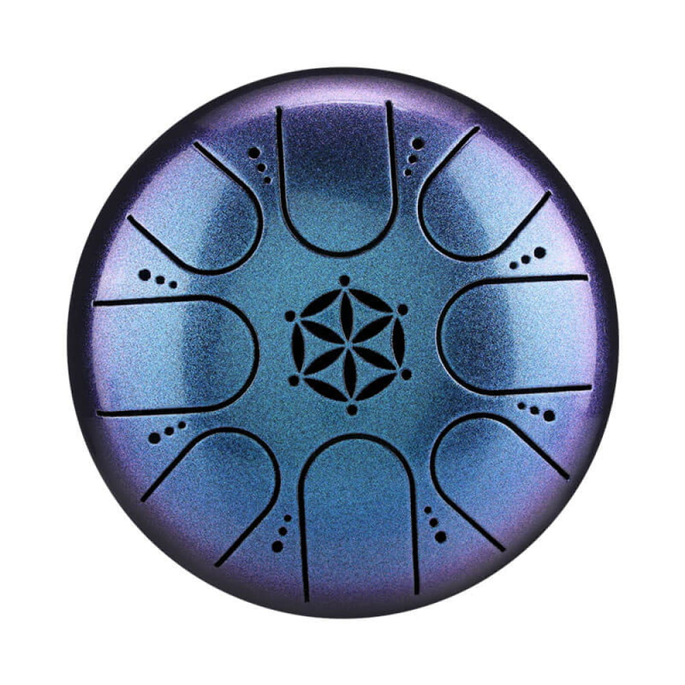Steel tongue drum with iridescent blue-purple finish and geometric pattern in C Key