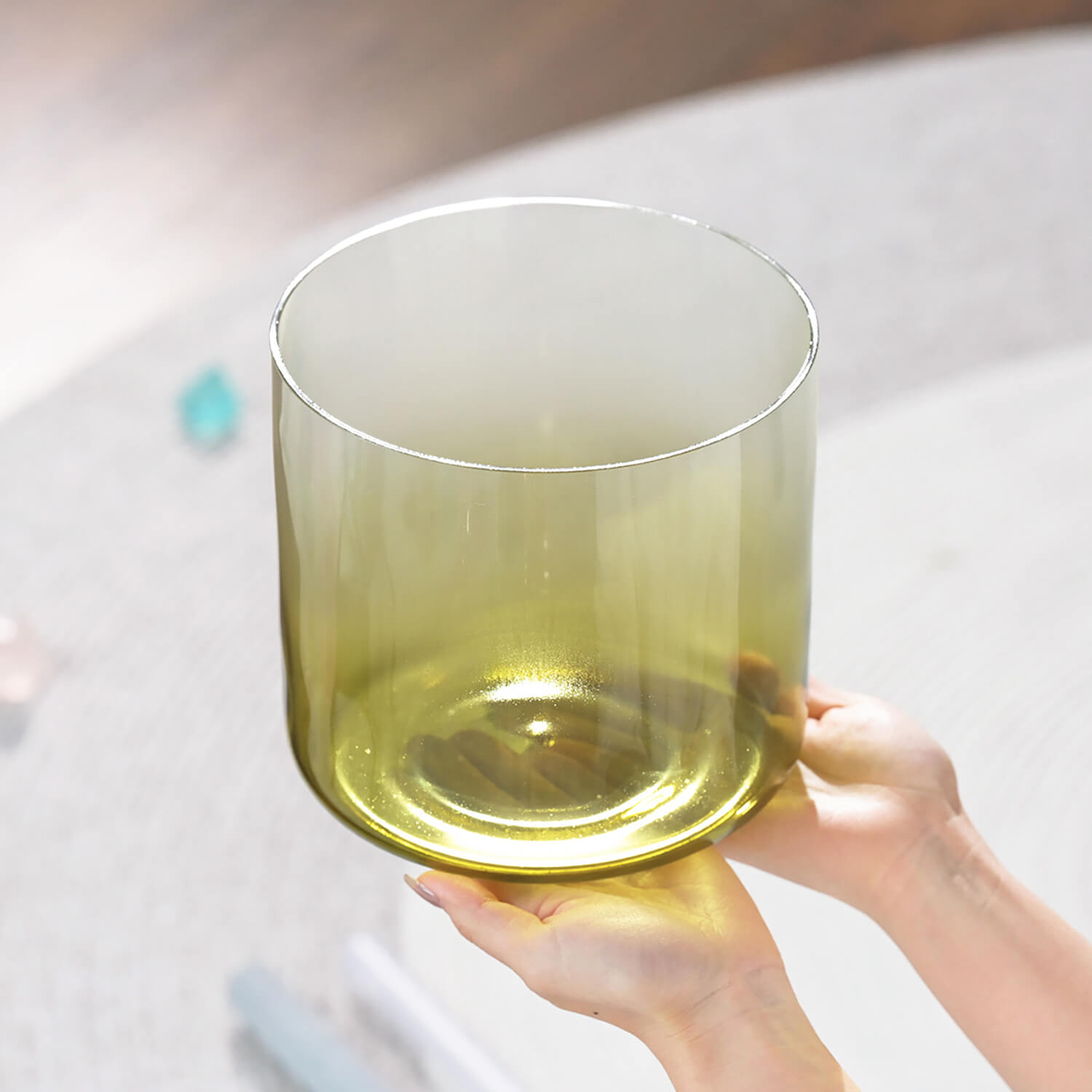 Cylindrical yellow-green tinted glass tumbler for 6/7 inch Quartz Crystal Singing Bowl