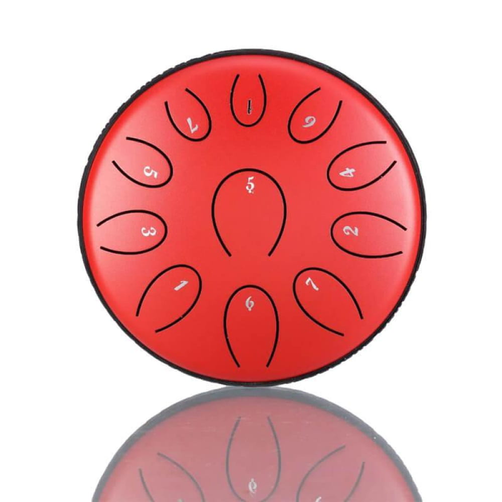 Red circular Carbon Steel Tongue Drum with numbered petal indentations in C/D Major