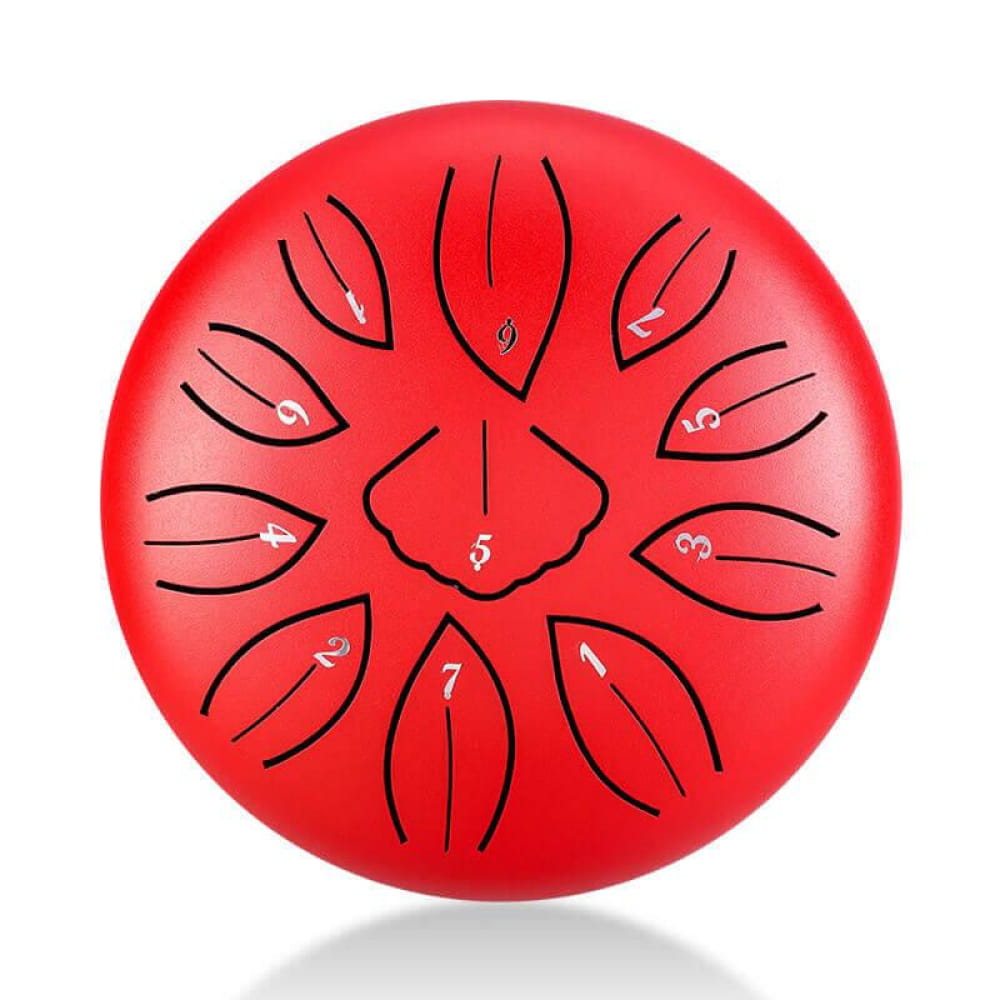 Red steel tongue drum with petal-shaped tone markings in Lotus design, 11-tone C/D key