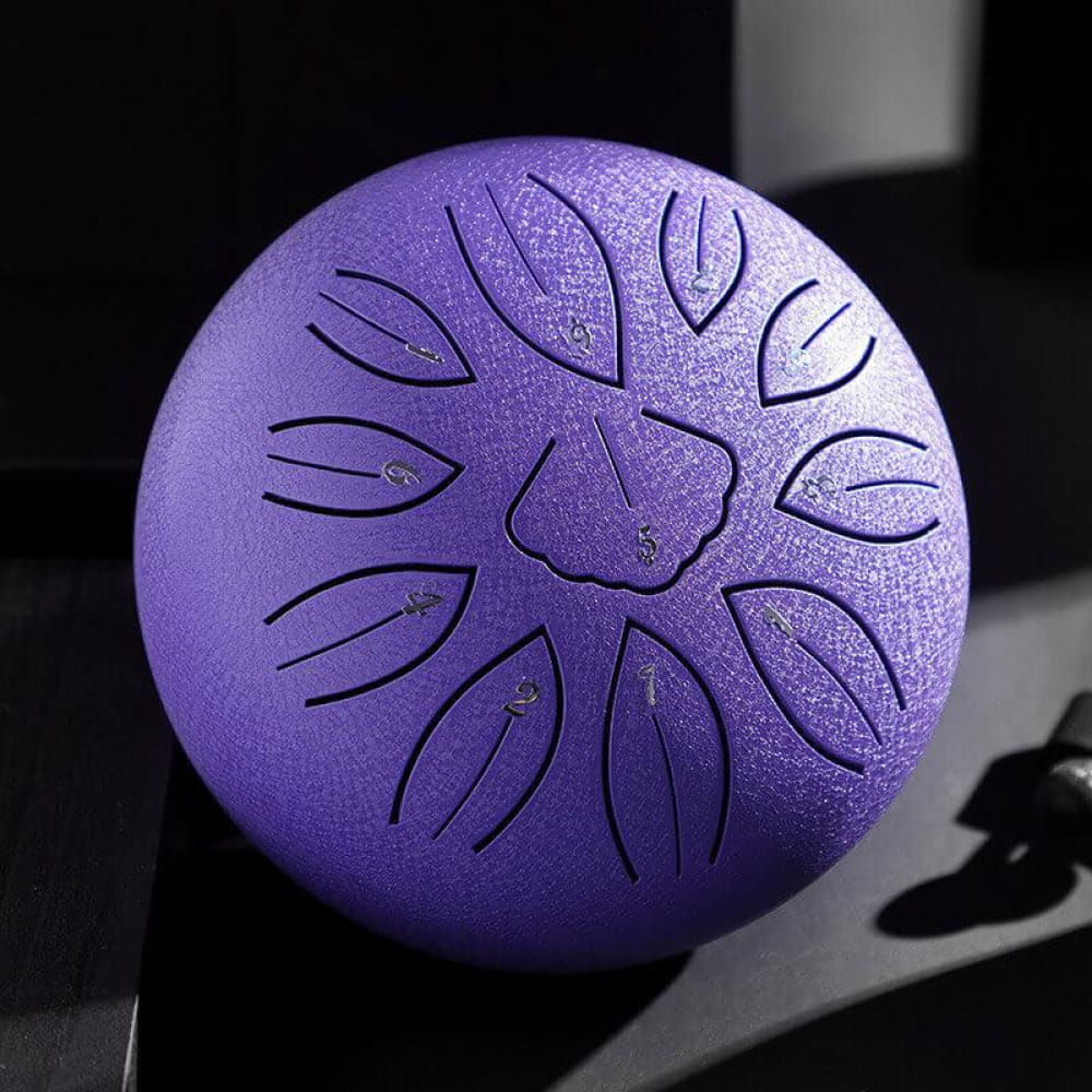 Purple metallic tongue drum with petal tone markings in Lotus Design 6 inch Carbon Steel