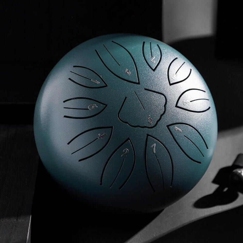 Metallic teal 6 Carbon Steel Tongue Drum with lotus design and petal tone markings