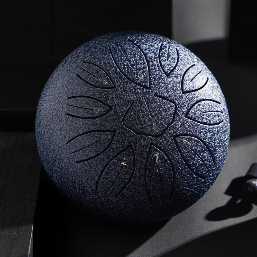 Metallic blue steel tongue drum with floral petal design in C/D Key - Lotus Design