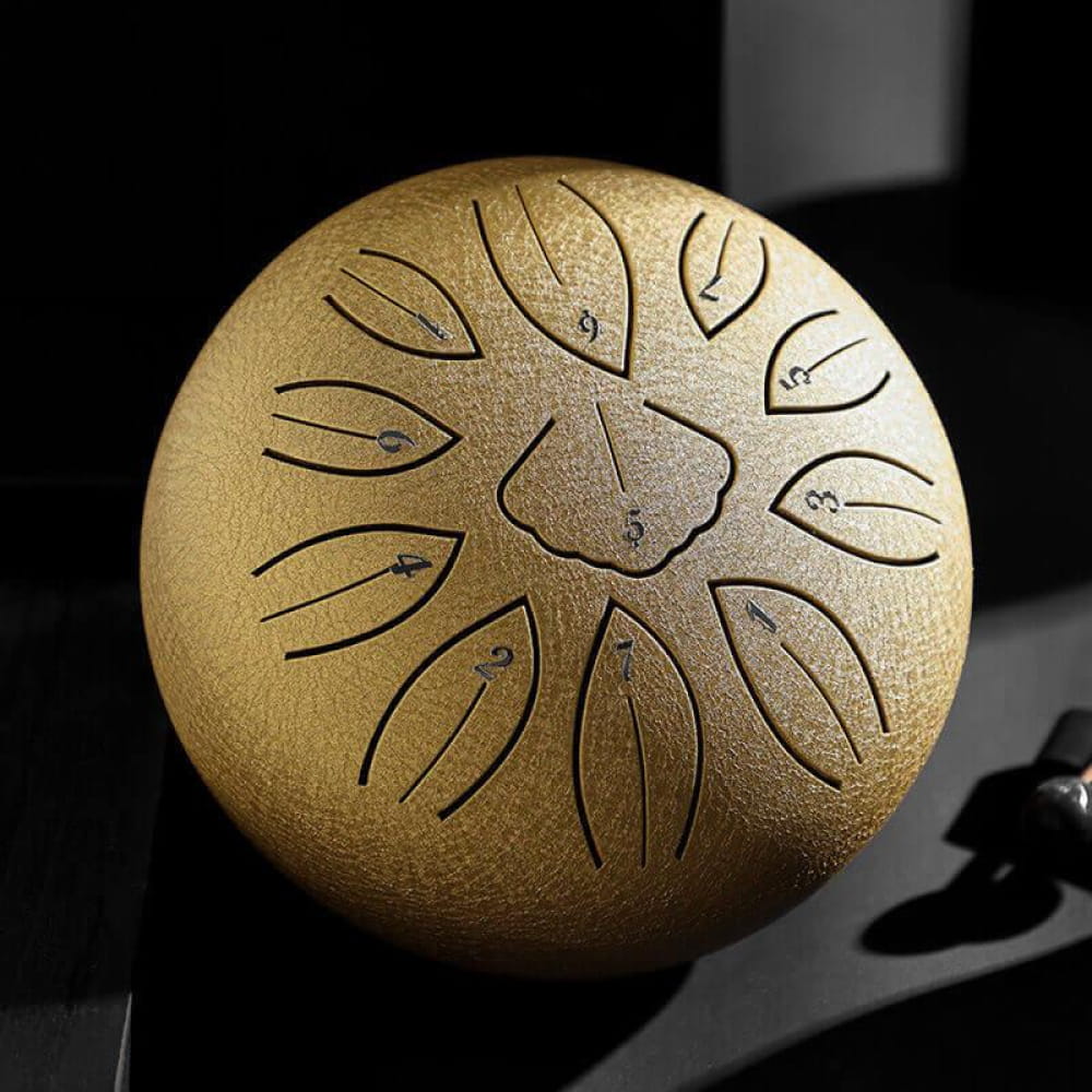 Golden metallic 6-inch Tongue Drum with lotus petal patterns, 11-tone C/D key
