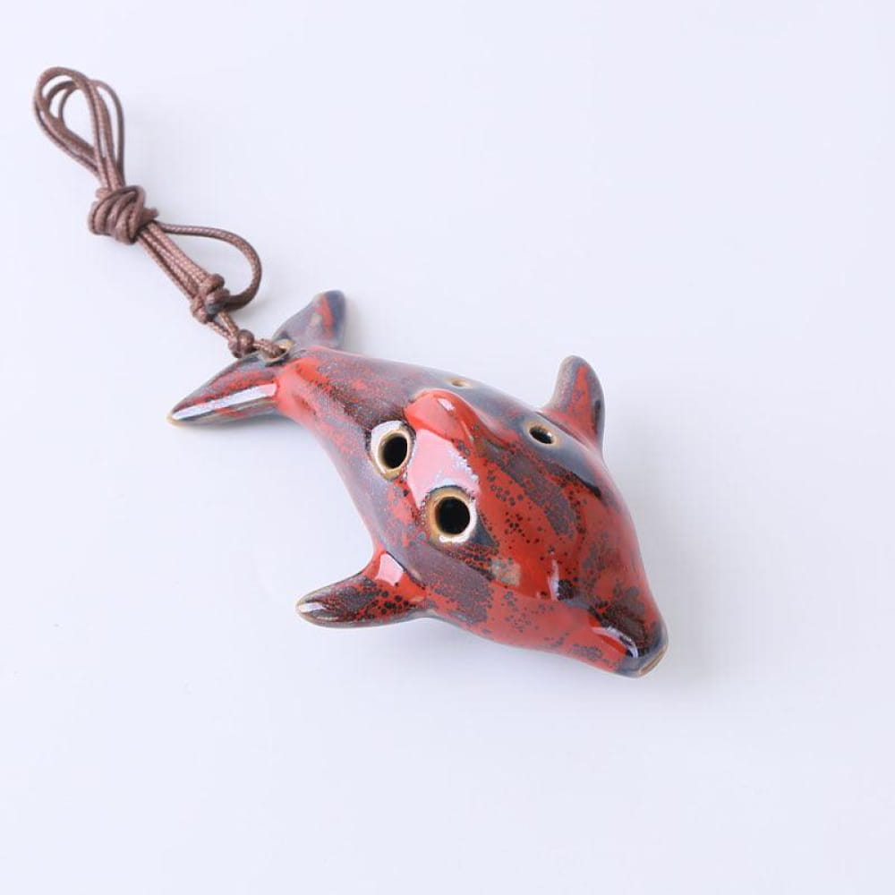 Red ceramic dolphin pendant with googly eyes for 6 Hole Alto C Ocarina instrument gift
